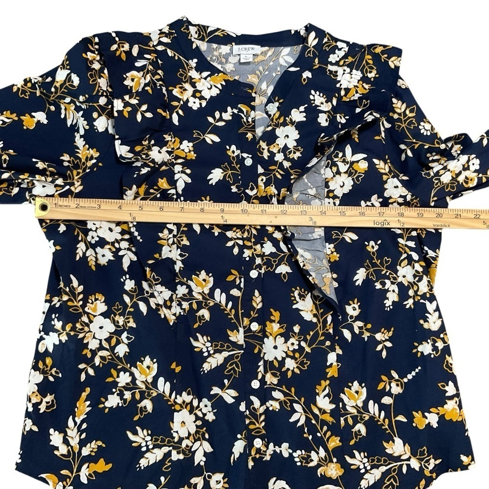 J. Crew Navy Floral Ruffle Blouse Long Sleeve Size L - Picture 10 of 10